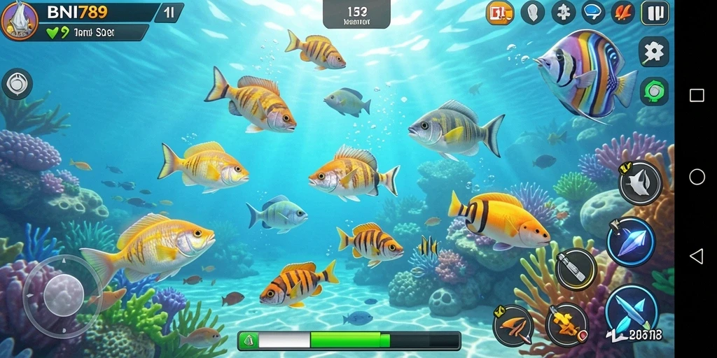 Gameplay seru BNI789 dengan berbagai ikan untuk ditembak.