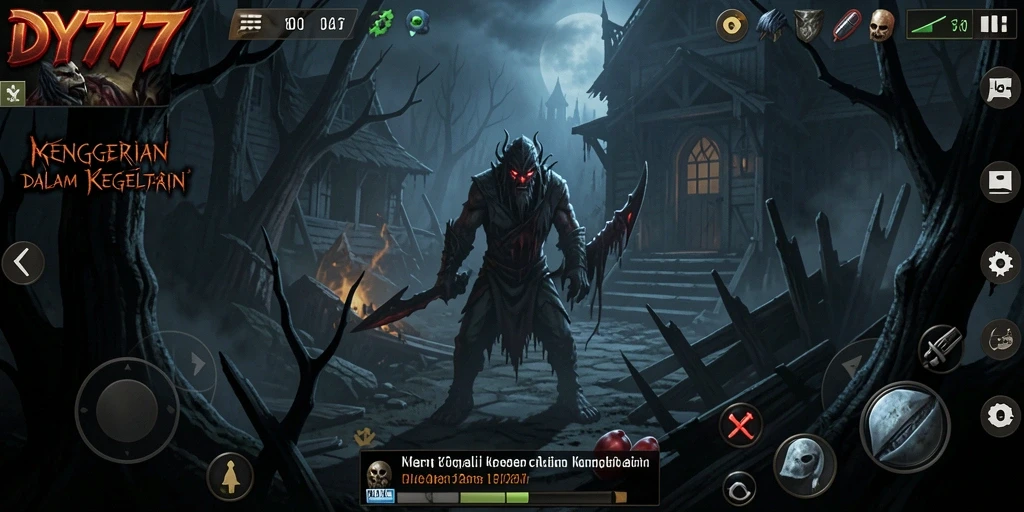 Tangkapan layar DY777 yang menunjukkan gameplay menegangkan dalam kegelapan.