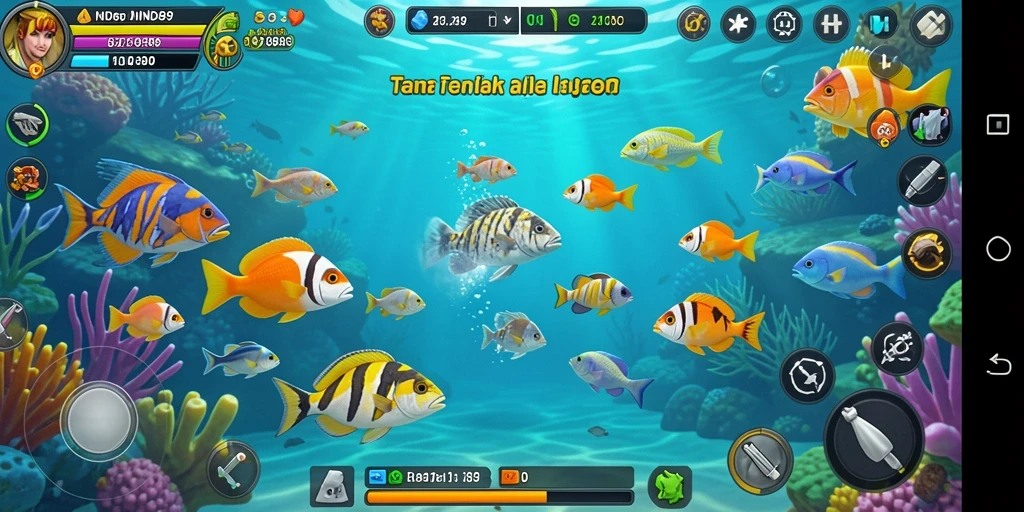 Screenshot gameplay menampilkan ikan berwarna-warni dan senjata yang digunakan.
