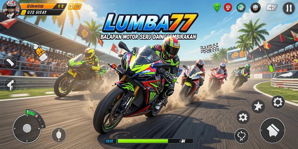 Tangkapan layar utama LUMBA77 menampilkan aksi balapan motor yang mendebarkan.